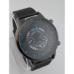 Geneva Watch Men 42mm Black Case Mesh Metal Band- New Battery